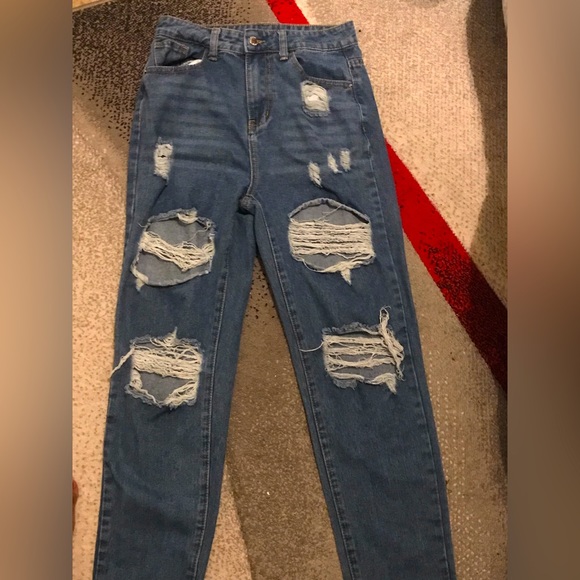 Denim - High-Rise Ripped Dark Wash Denim Jeans